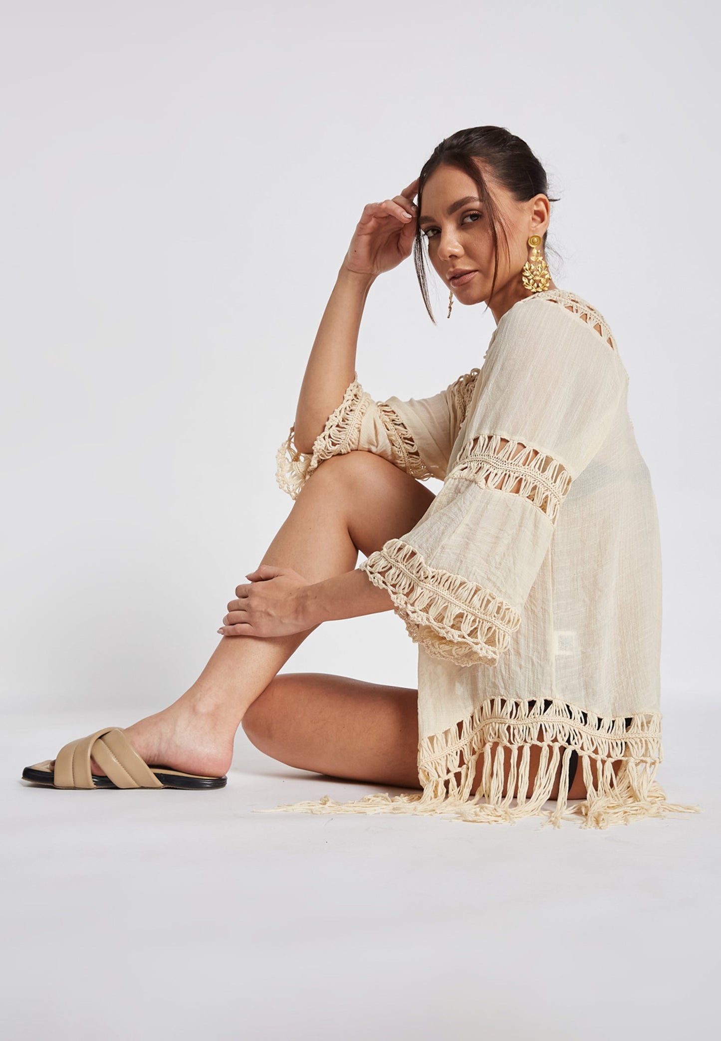 Quimono Reva de crochet en color blanco roto