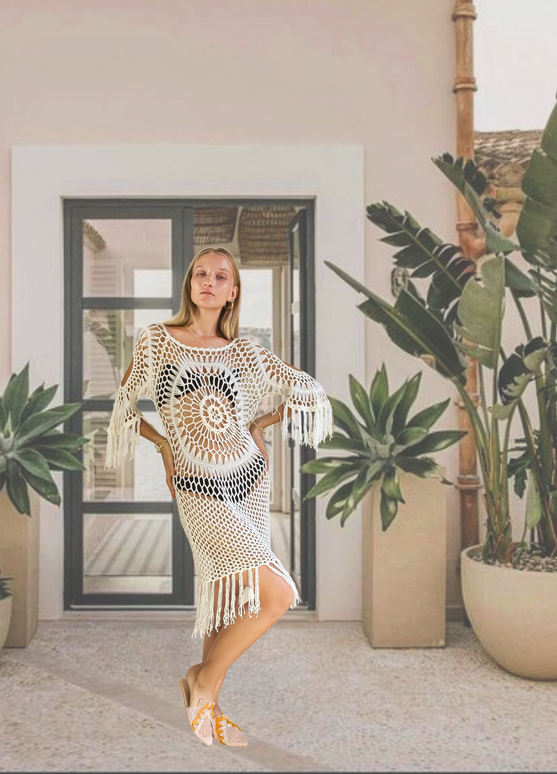Eva Crochet Off White Dress Bombay Sunset