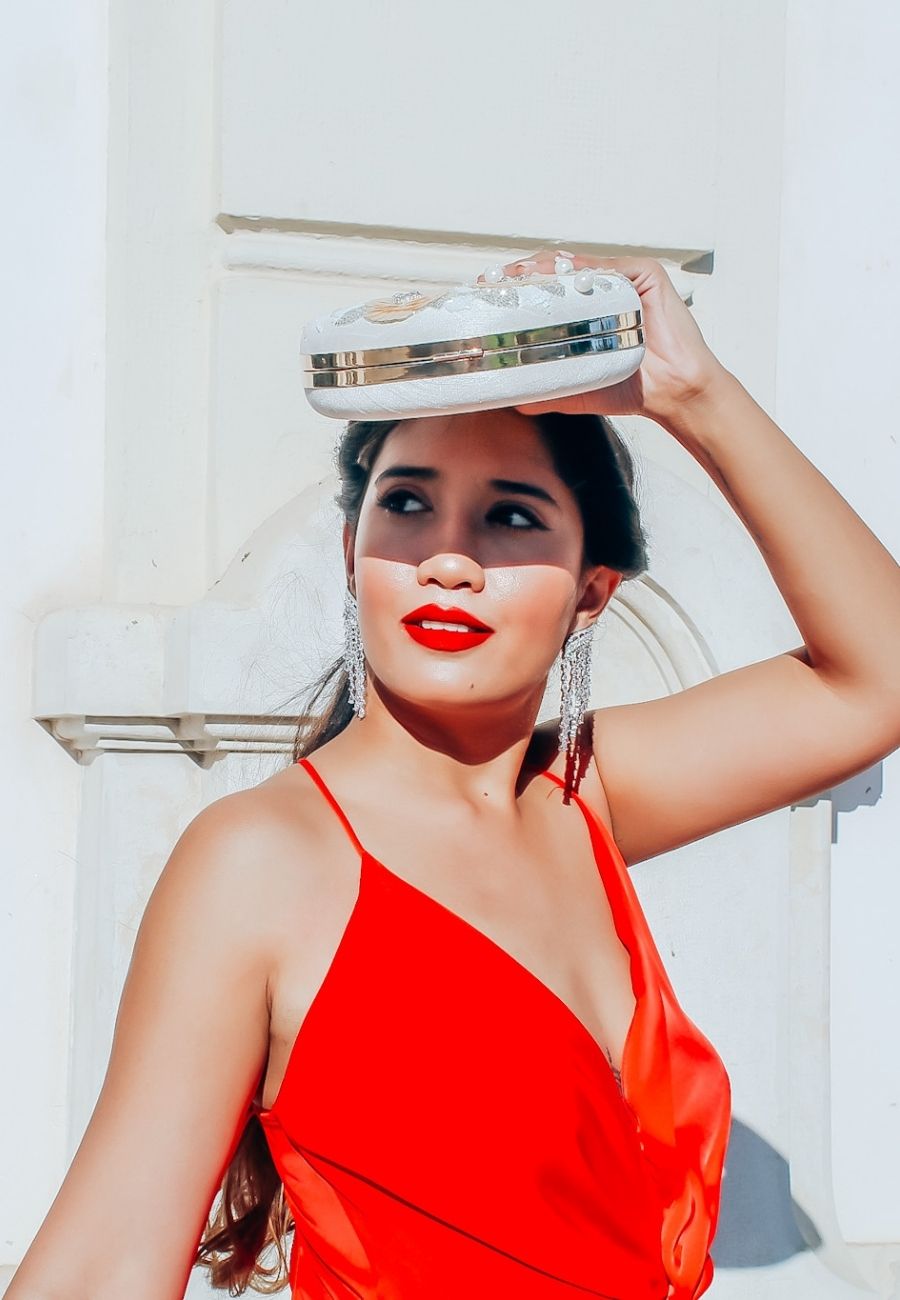 mist clutch white bag Bombay Sunset