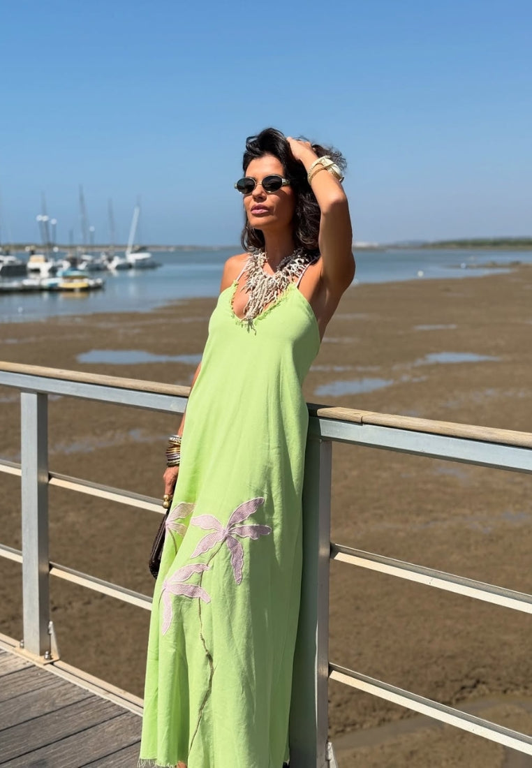 Abito lungo tropicale color lime