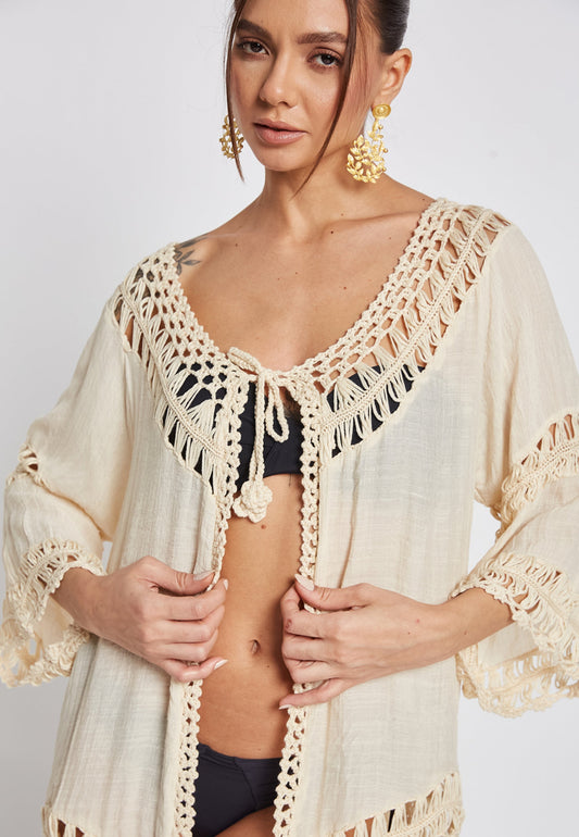 Reva Crochet Off-White Kimono