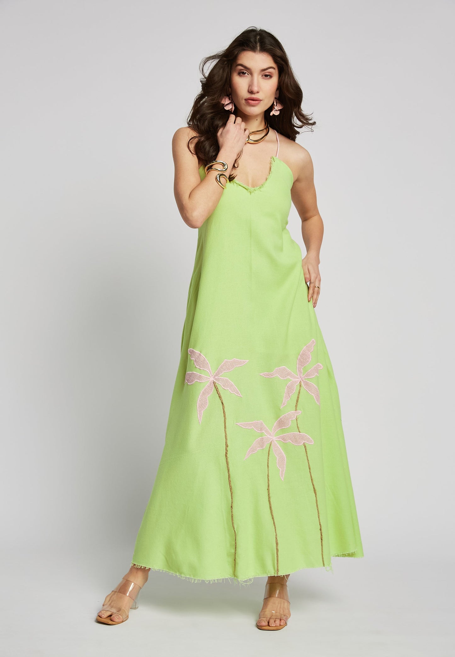 Abito lungo tropicale color lime