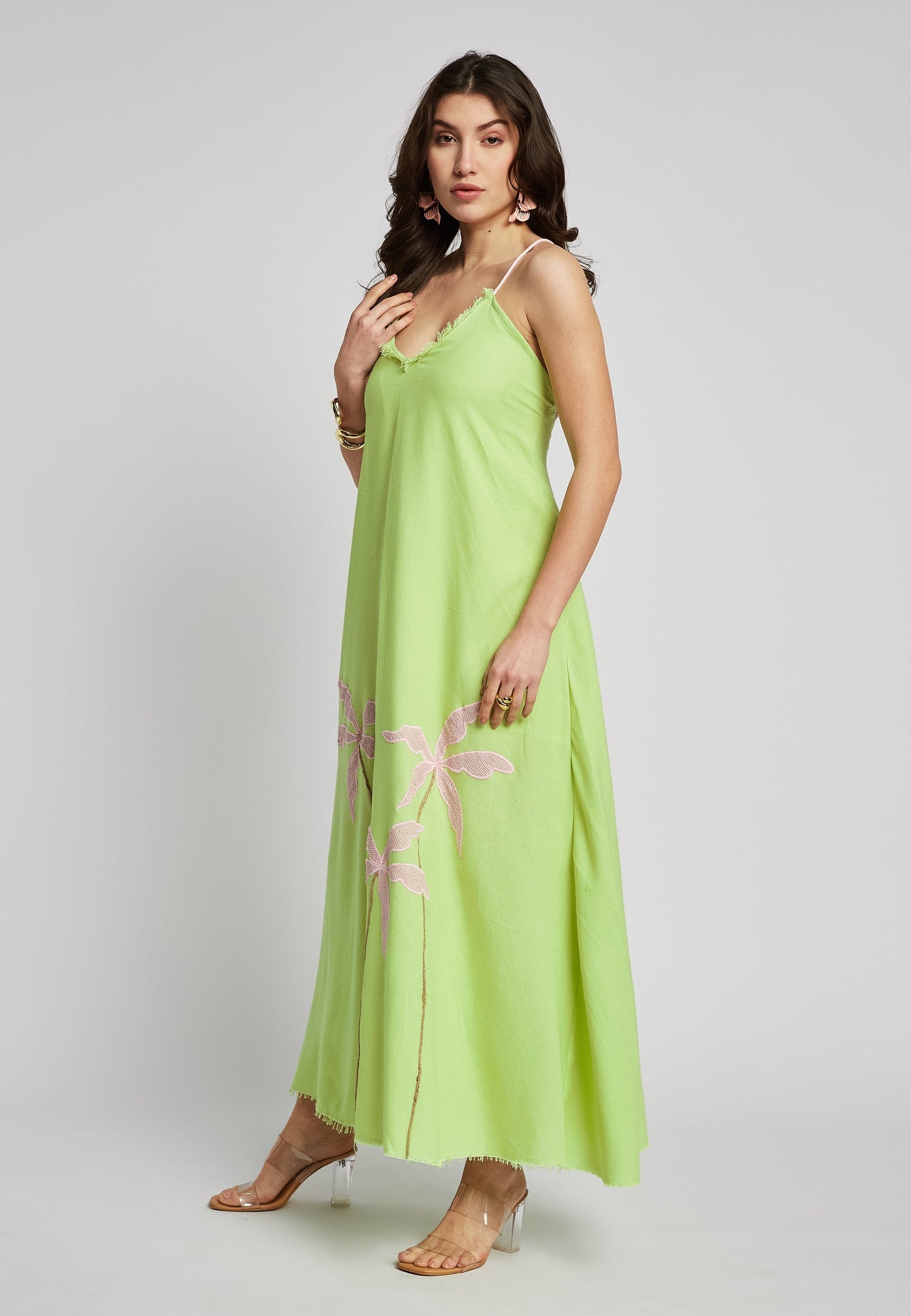 Abito lungo tropicale color lime