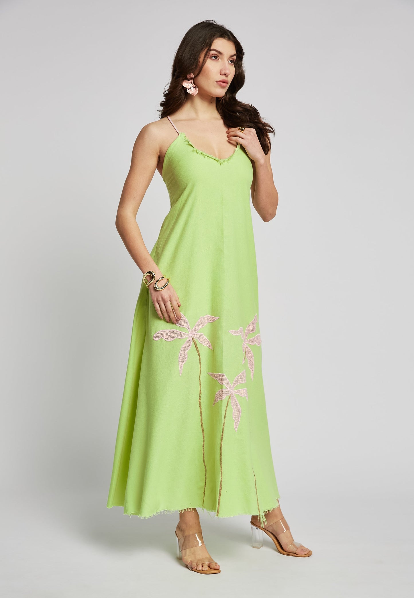 Abito lungo tropicale color lime