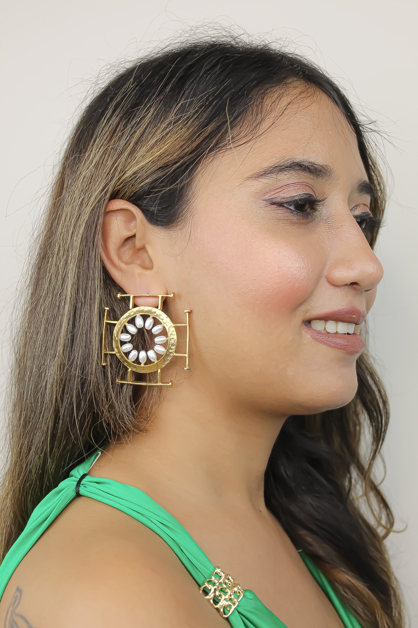 golden shield earrings Bombay Sunset