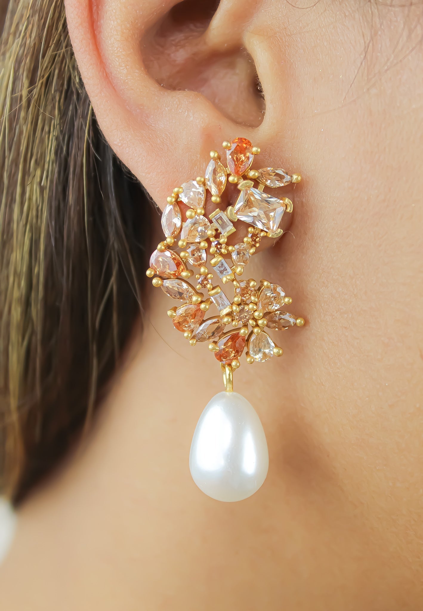 golden frosty pearl earrings Bombay Sunset