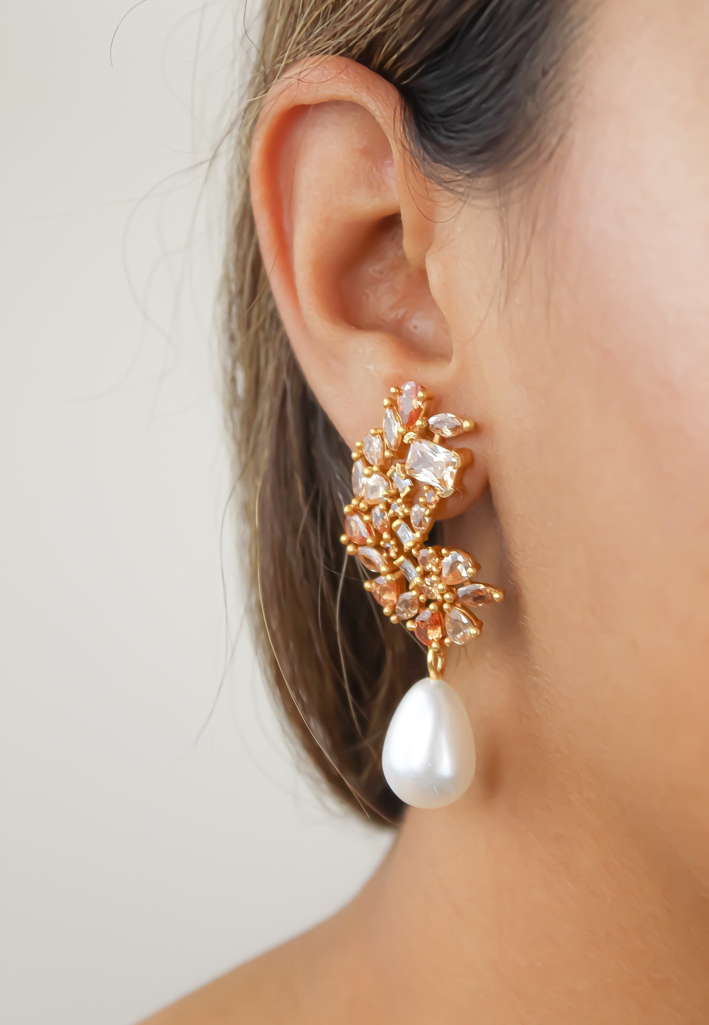 golden frosty pearl earrings Bombay Sunset